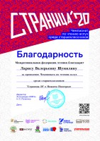 Благодарность Шумилиной Л.В. за проведение Чемпионата по чтению вслух среди старшеклассников ''Страница 20'' в Нижнем Новгороде. Декабрь 2019 года