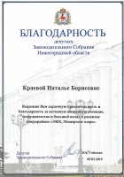 Благодарность депутата Законодательного Собрания Нижегородской области Гойхмана Л.А. Краевой Н.Б. Февраль 2019 года