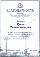 Благодарность Н.Б. Краевой от депутата Законодательного собрания Нижегородской области Баранова А.Н..  2020 год