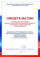 Свидетельство Климовой Е.И. - участника областного конкурса среди коллективов библиотек Нижегородской области по повышению гражданско-правовой культуры избирателей. Декабрь 2021 года
