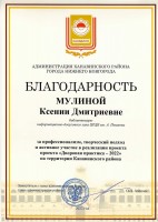Благодарность администрации Канавинского района за реализацию проекта ''Дворовая практика - 2022''. Сентябрь 2022 года