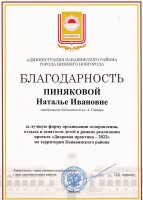 Благодарность администрации Канавинского района за реализацию проекта ''Дворовая практика - 2022''. Сентябрь 2022 года