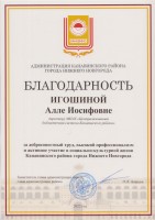 Благодарность администрация Канавинского района Игошиной А.И. Декабрь 2022 года