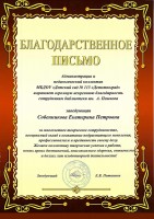 Благодарственное письмо администрации МБДОУ «Детский сад № 113 «Детствоград» Собенниковой Е.П. Июнь 2023 года