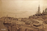 Кустодиев Б.М. (1878 - 1927). Кинешма (Пристани на набережной Волги у собора). 1925. Бумага, акварель, карандаш. Фоторепродукция Татьяны Шепелевой