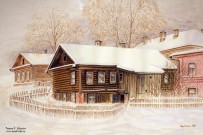 Яшин М.И. (1909 - 1979). Флигель дома на Ковалихе, где родился А.М. Горький, со стороны улицы. Фрагмент. 1953. Бумага, акварель. Фоторепродукция Татьяны Шепелевой