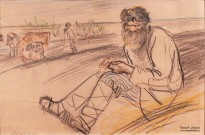 Пластов А.А. (1893 - 1972). ''Заметки из дневника. Воспоминания. Пастух''. 1928. Бумага, акварель, гуашь, белила, карандаш. Фото Татьяны Шепелевой