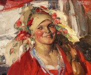 Архипов А.Е. (1861 - 1930). Женщина в красном. Фрагмент. Холст, масло. 1917 год. НГХМ. Фоторепродукция Татьяны Шепелевой