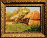 Иван Шультце. Украинская хата. Тростянец. 1918 г. Картон, масло. Фоторепродукция Татьяны Шепелевой