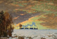 К.И. Горбатов. Зимний пейзаж с паровозом. Фрагмент. Начало 1920-х гг. Фоторепродукция Татьяны Шепелевой