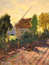 К.И. Горбатов. Деревенский пейзаж с полем и церковью. Фрагмент. 1920-1930 гг.  Фоторепродукция Татьяны Шепелевой