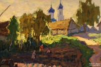 К.И. Горбатов. Деревенский пейзаж с полем и церковью. Фрагмент. 1920-1930 гг.  Фоторепродукция Татьяны Шепелевой