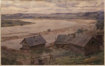 Сергей Андрияка. Лесосплав на реке Сухона (город Великий Устюг). 1988. Бумага, акварель. Фоторепродукция Татьяны Шепелевой