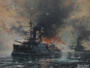 Заикин А.Ю. «Цесаревич» и «Ретвизан» в бою у Порт-Артура. 1904 год. Фрагмент. Бумага, темпера, гуашь. 2011. Фоторепродукция Татьяны Шепелевой