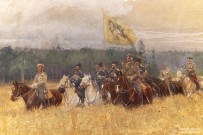Франц Рубо. На маневрах. Фрагмент. 1910 г. Бумага, картон, акварель, гуашь. Фоторепродукция Татьяны Шепелевой