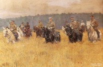 Франц Рубо. На маневрах. Фрагмент. 1910 г. Бумага, картон, акварель, гуашь. Фоторепродукция Татьяны Шепелевой