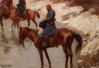 Франц Рубо. Переправа через горную реку. Фрагмент. 1890-е гг. Холст, масло. Фоторепродукция Татьяны Шепелевой