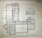 Ф.О. Шехтель. Проект НГЗМ. 1914. План цокольного этажа. Разрез по И.К.. Бумага, тушь, акварель