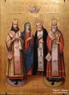 Святой Феодосий архиепископ Черниговский, Святая равноапостольная Фекла, Святой Преподобный Серафим Саровский Чудотворец, Святой Кирилл архиепископ Александрийский. XIX в. Дерево, масло, золото, чеканка по левкасу