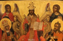 Спас на престоле с предстоящими. Фрагмент. XVIII в. Дерево, паволока, левкас, темпера